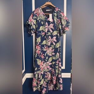 Navy Dress with Tropic Flower Design 🌸🌴